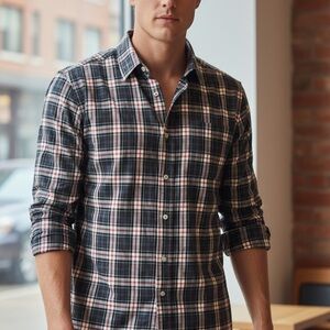 Men's Plaid Shirt - Black and White Red Stripes L Peter Millar